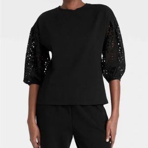 A New Day Black Shirt with Puff Eyelet Sleeves